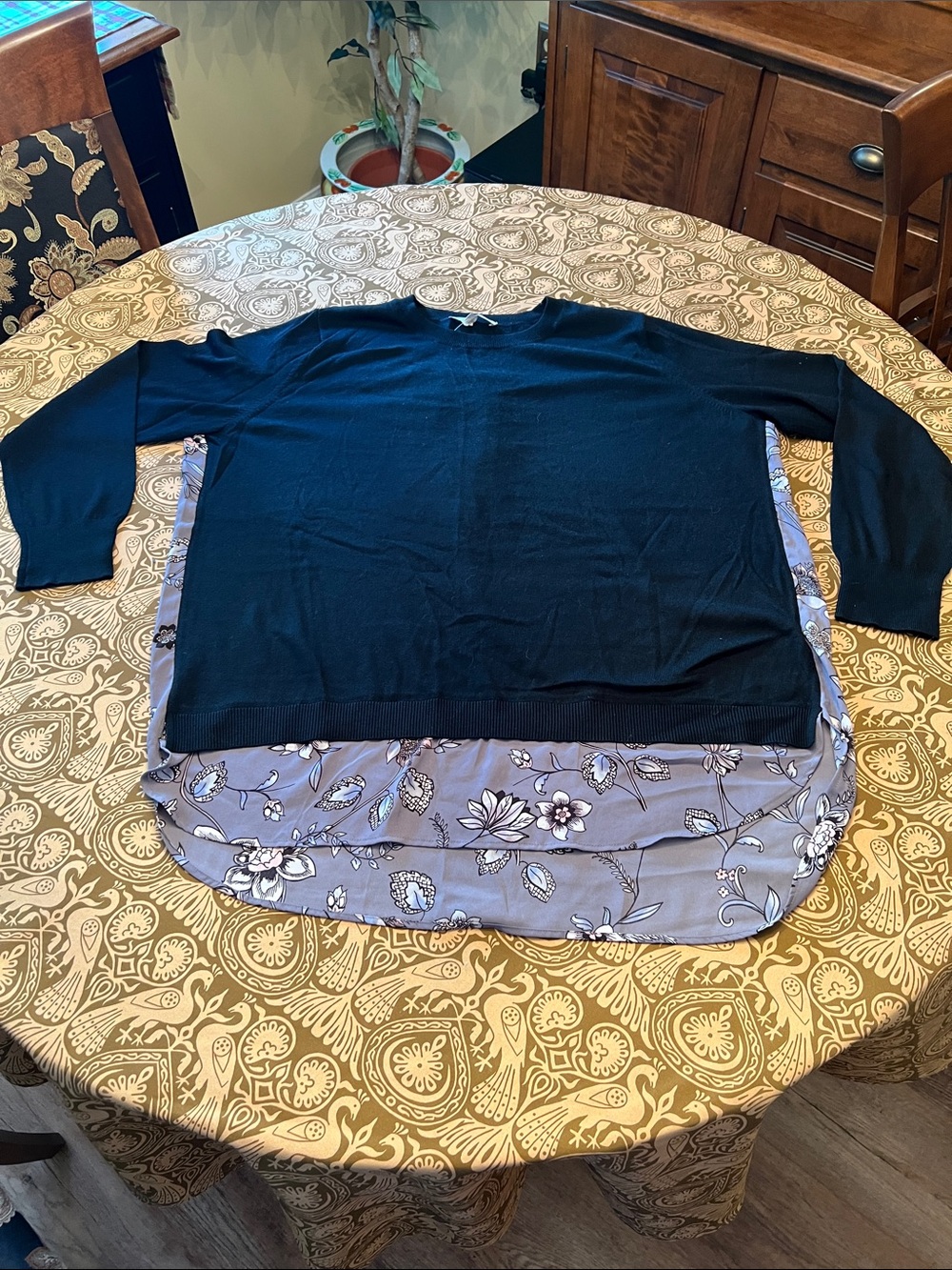 LOFT Black Layered-Look Crewneck Sweater with Floral Hem and Back